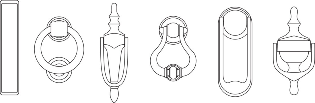 Vintage Door Knocker Set, Classic and Antique Entrance Hardware Collection, Blueprint, Symbol, Editable Stroke, Vector, Illustration