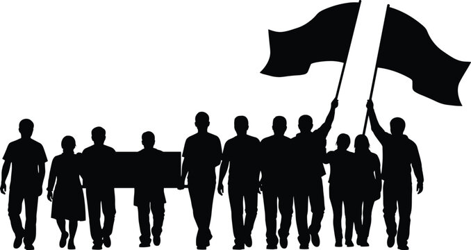 Silhouette people protest with raised flags, group of strikers, protestors demonstration vector illustration, political rally