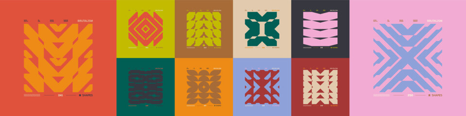 Naklejka premium Brutalism tech geometric compositions in cyberpunk style, Futuristic assets brutal bold modern mosaic print design with abstract postmodern shapes, vector modernist ornament, Kit 25