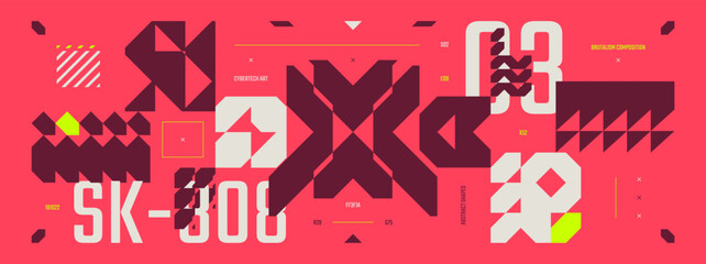 Flat futuristic background with brutalism shapes, technology Hi Tech y2k ornament, Cyberspace gaming dashboard, Abstract pink cyberpunk banner with future tech geometric elements in Ski Fi style © max_776
