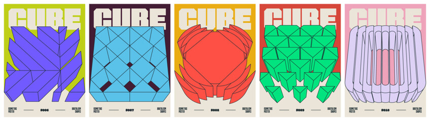 Obraz premium Postmodern abstract geometric trendy simple modern, Contemporary art bold minimal compositions, Set poster with isometric 3D cube shape in brutalism aesthetics, vector avant-garde ornament, kit 2