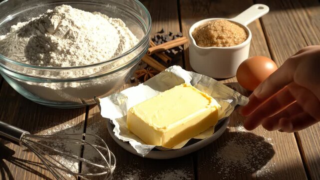 Baking ingredients overhead view on wooden surface