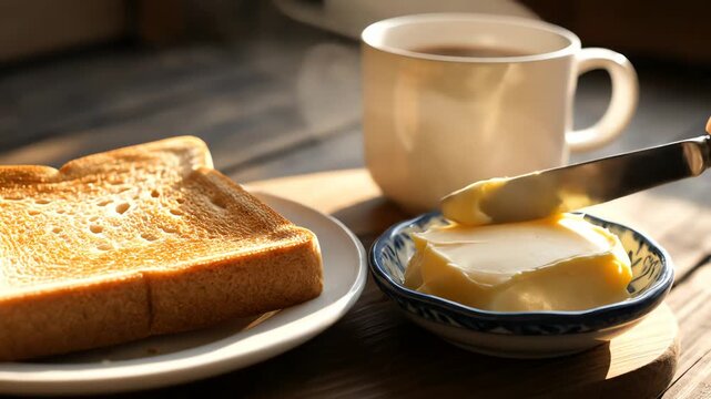 Breakfast scene with buttered toast and coffee cup
