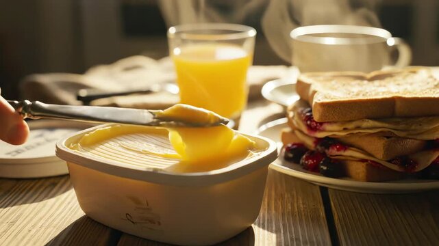 Breakfast scene with sandwich butter and beverage