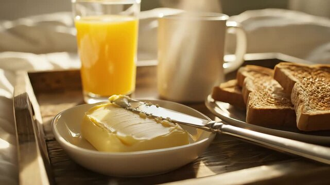 Breakfast tray on bed featuring toast juice and coffee