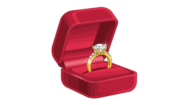 A sparkling golden diamond engagement ring with multiple stones is elegantly displayed inside an open red velvet box.
