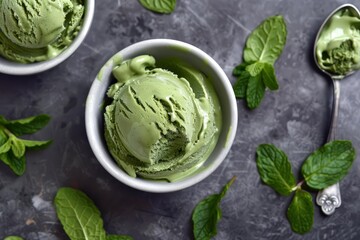Obraz premium Matcha ice cream decorated with fresh mint leaves is being served in white bowls