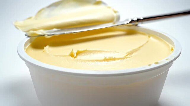 Close up butter in a white container with knife and tongs