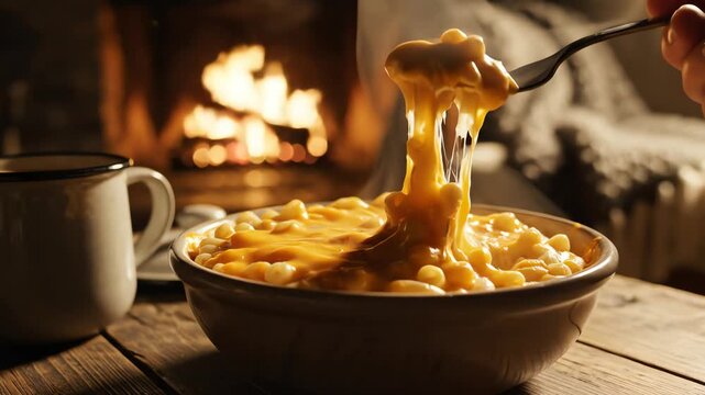 Close up of a bowl of macaroni and cheese with a fireplace background