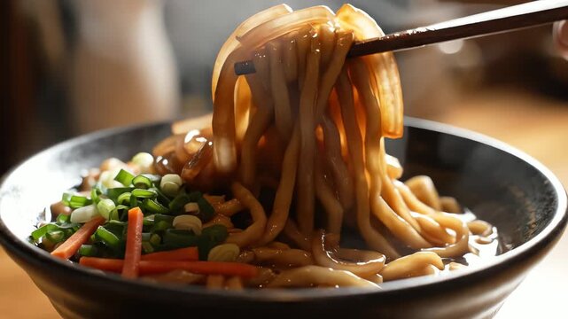 Close up of a bowl of noodles with chopsticks