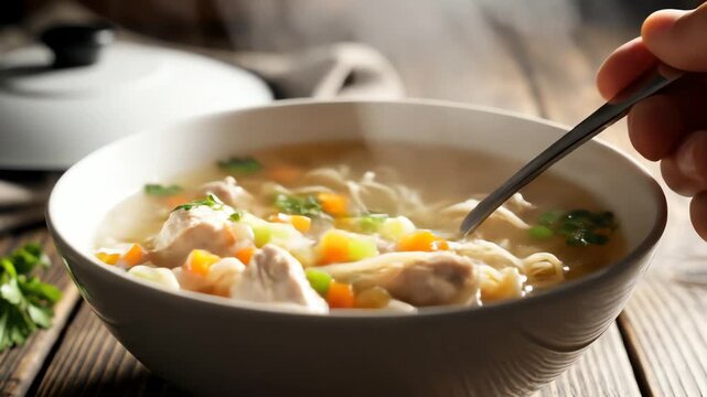 Close up of a bowl of soup with vegetables and noodles