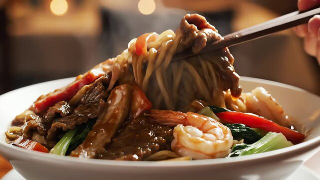 Close up of a bowl with a variety of food with chopsticks