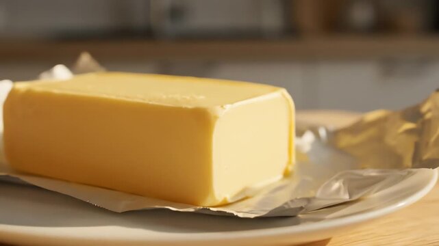 Close up of a butter block on parchment paper with natural warm tones