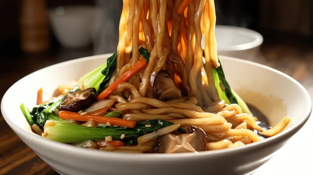 Close up of a steaming bowl of noodles with chopsticks