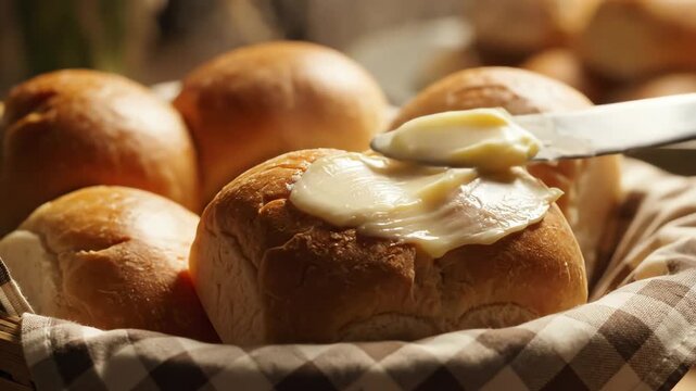 Close up of bread rolls in basket with butter being applied