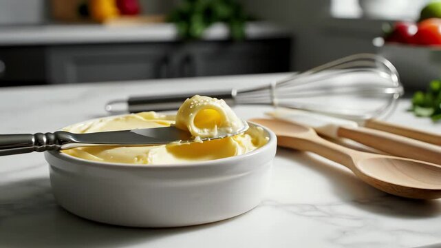Close up of butter and cooking utensils on a kitchen countertop