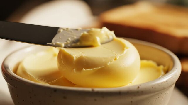 Close up of butter in a small ceramic bowl and spreading with a knife