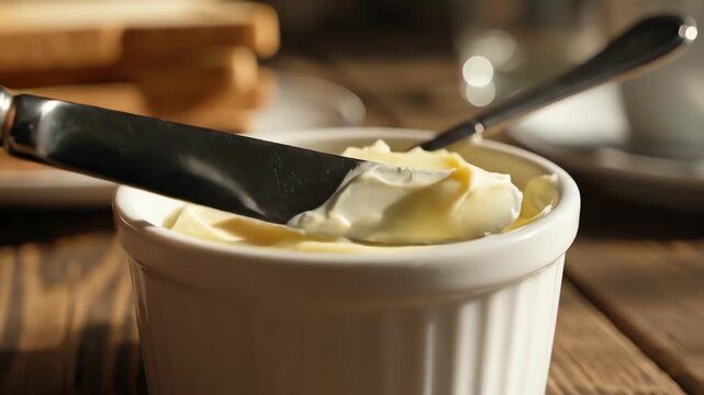Close up of butter in a white ramekin on a wooden surface