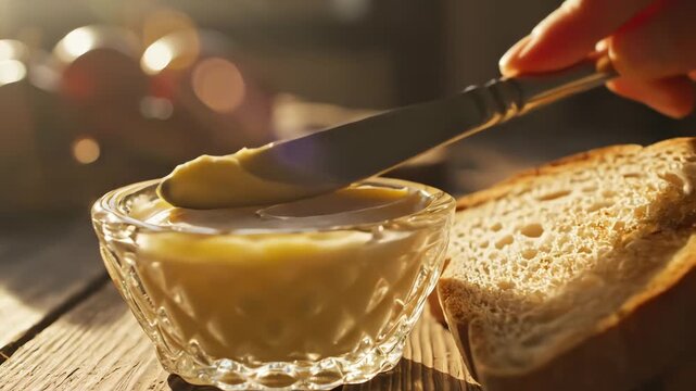 Close up of butter in glass bowl beside sliced bread and a knife on a wooden surface