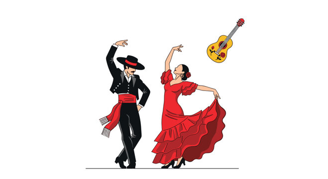 A male dancer in a black traje corto and a female in a ruffled red bata de cola dress strike dramatic flamenco poses.