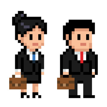 Pixel Art Business Man and Woman &ndash; 8 Bit Office Worker Characters Vector
