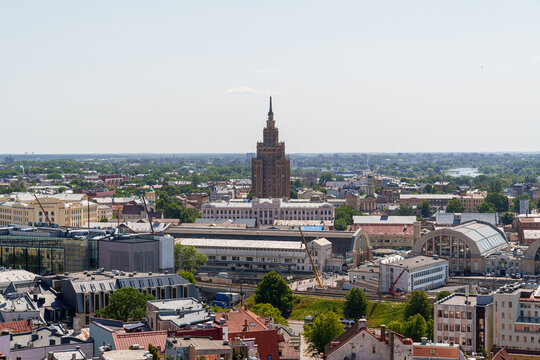 A panorama of Riga, Latvia, taken from above St. Peter's Church The high-rise building of the Latvian Academy of Sciences