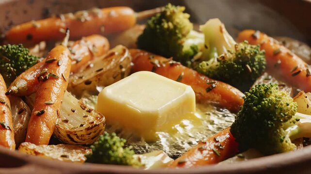 Close up of cooked vegetables with butter for culinary and food concepts