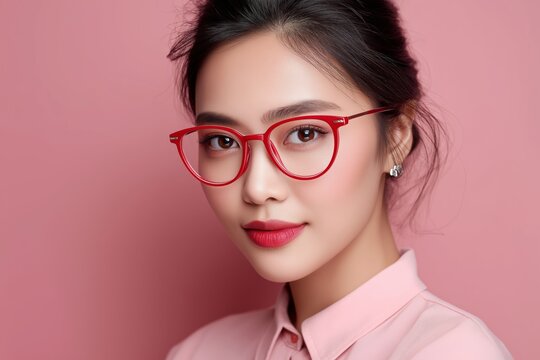 Asian woman wearing fashionable eyeglasses, clean skin tones, soft pastel background, minimal portrait
