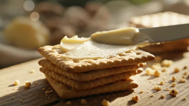 Close up of crackers with creamy spread and knife on wooden surface