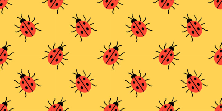 Vector seamless pattern with cute red ladybug on yellow background. Playful spring insect print for kids fabric, nursery wallpaper, wrapping paper, stationery and cheerful nature decor.