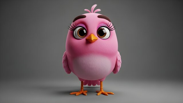 A pink cartoon bird with large eyes and eyelashes on a gray background