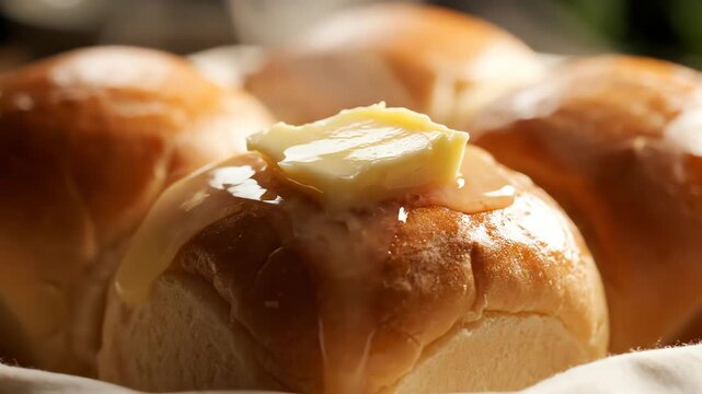 Close up of freshly baked rolls with butter