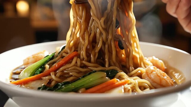 Close up of noodles with chopsticks and various vegetables
