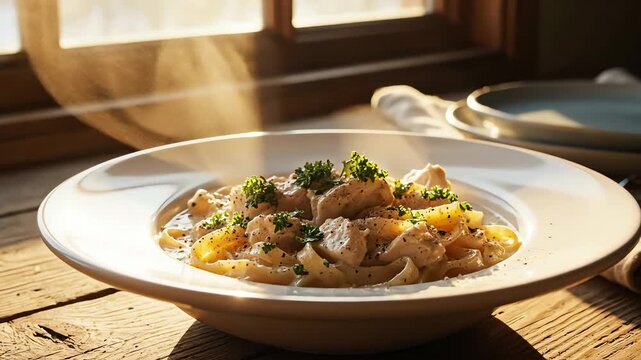 Close up of pasta dish with steam on a white plate near a window