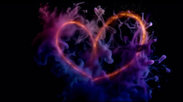 Romantic love theme for Valentines Day. A heartshaped nebula with a vibrant blend of purple, blue, and pink hues against a deep black background, creating a captivating and mysterious atmosphere.
