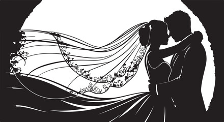 Silhouette of a happy bride and groom in a loving embrace, a perfect symbol of their union and everlasting love
