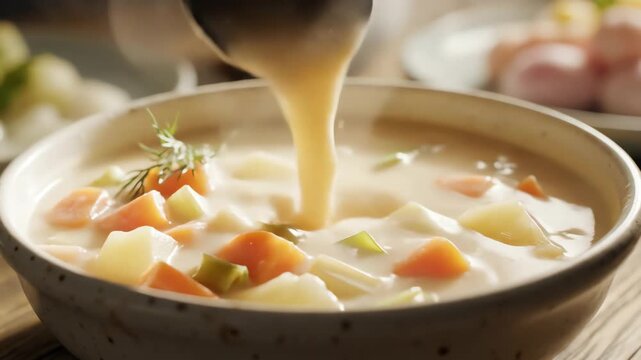 Creamy vegetable soup in a rustic bowl close up