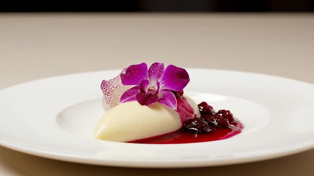 Culinary presentation plating a gourmet dessert with elegant floral decoration