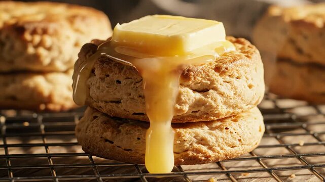 Freshly baked biscuits with butter on cooling rack overhead shot
