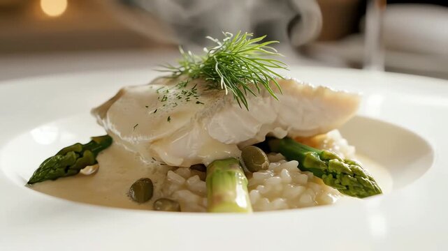 Gourmet dish presentation on white plate with asparagus and sauce