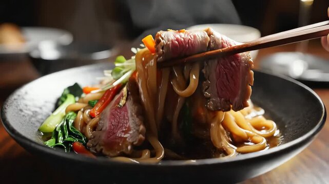 Gourmet dish presentation with sliced meat and vegetable garnish