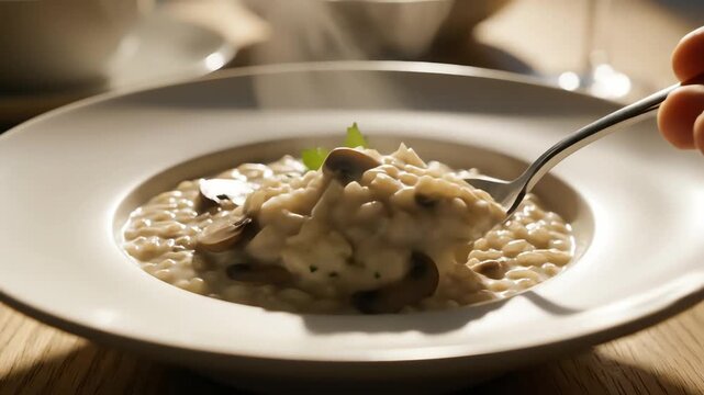 Gourmet dish served with spoon in elegant ceramic bowl close up