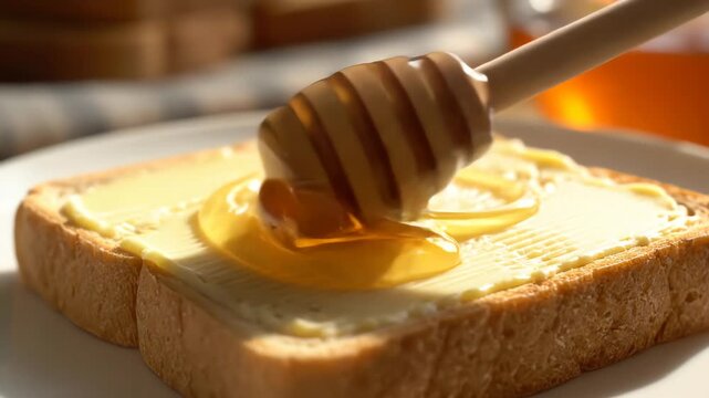 Honey pouring on buttered toast close up culinary image