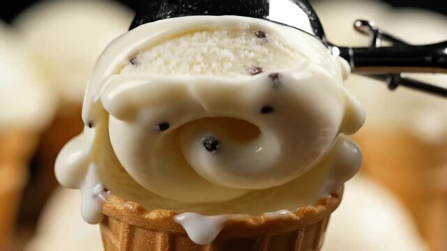Ice cream scoop scooping frozen dessert into a waffle cone close up