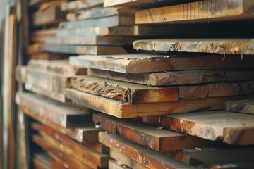 Reclaimed wood planks stacked and ready for repurposing in a woodworking shop, showcasing sustainable practices