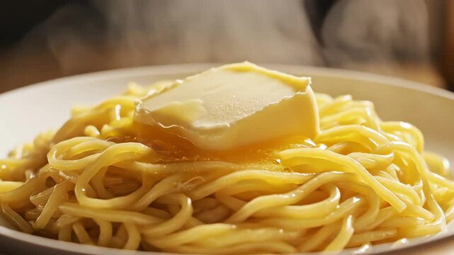 Pasta dish with butter being poured on top closeup