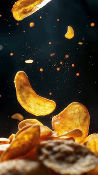 Dynamic close-up of crispy potato chips falling and splashing seasoning against a dark background, appetizing slow-motion food shot.