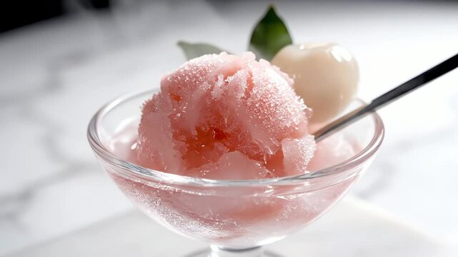 Pink sorbet dessert with fruit in glass bowl on white background