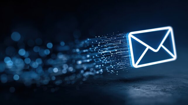 Glowing blue digital email icon transmitting data through a dark virtual space, communication technology concept