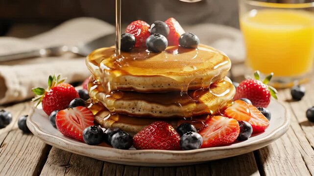 Stack of pancakes with berries and syrup closeup
